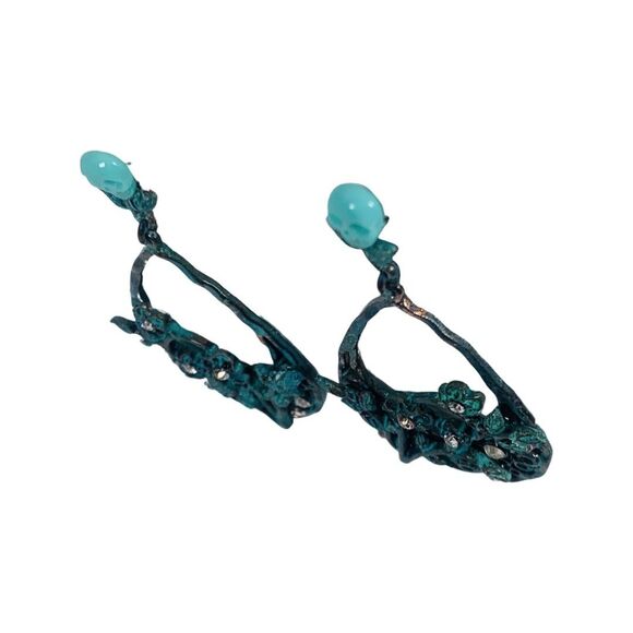 Betsey Johnson TEAL PATINA Skull Large Hoop Earrings 2" Crystal Statement - Picture 7 of 12